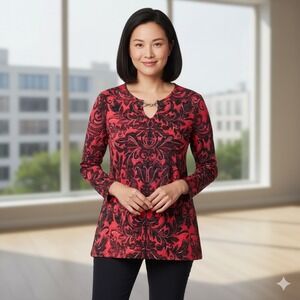 Dana Buchman Long Sleeve Tunic Top Womens Small Red Black Casual Office Mature